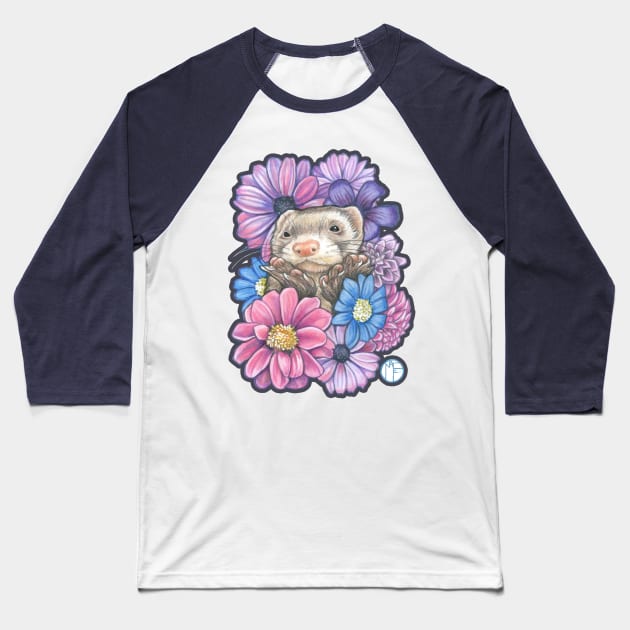 Ferret And Flowers - Charcoal Outline Baseball T-Shirt by Nat Ewert Art